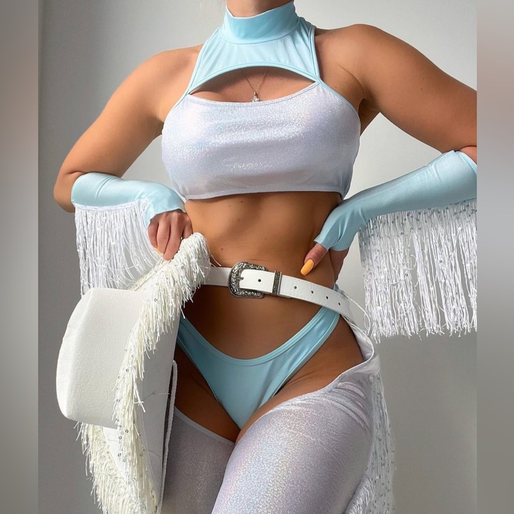 Blue and silver bikini glove set